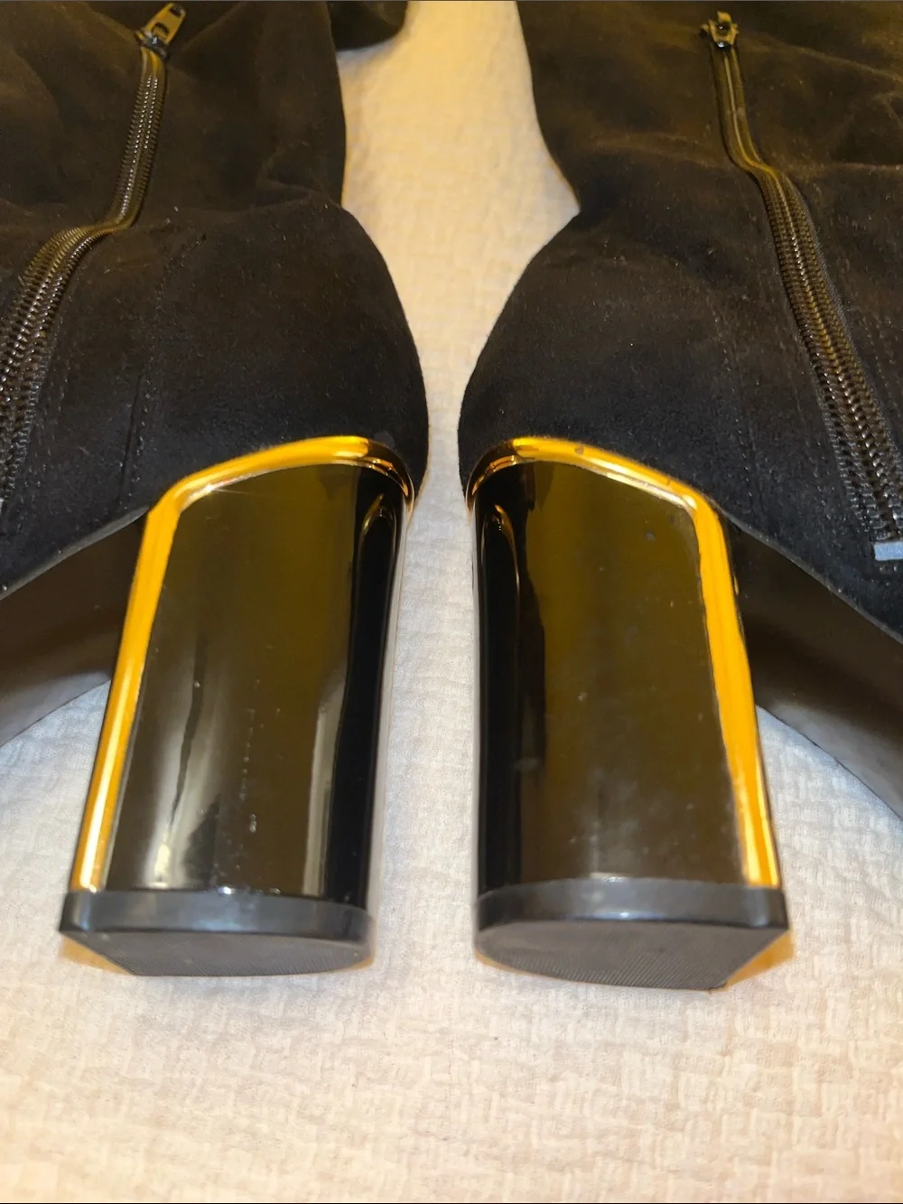 Guess Black Over-the-Knee Suede Boots with Gold Accent Heel